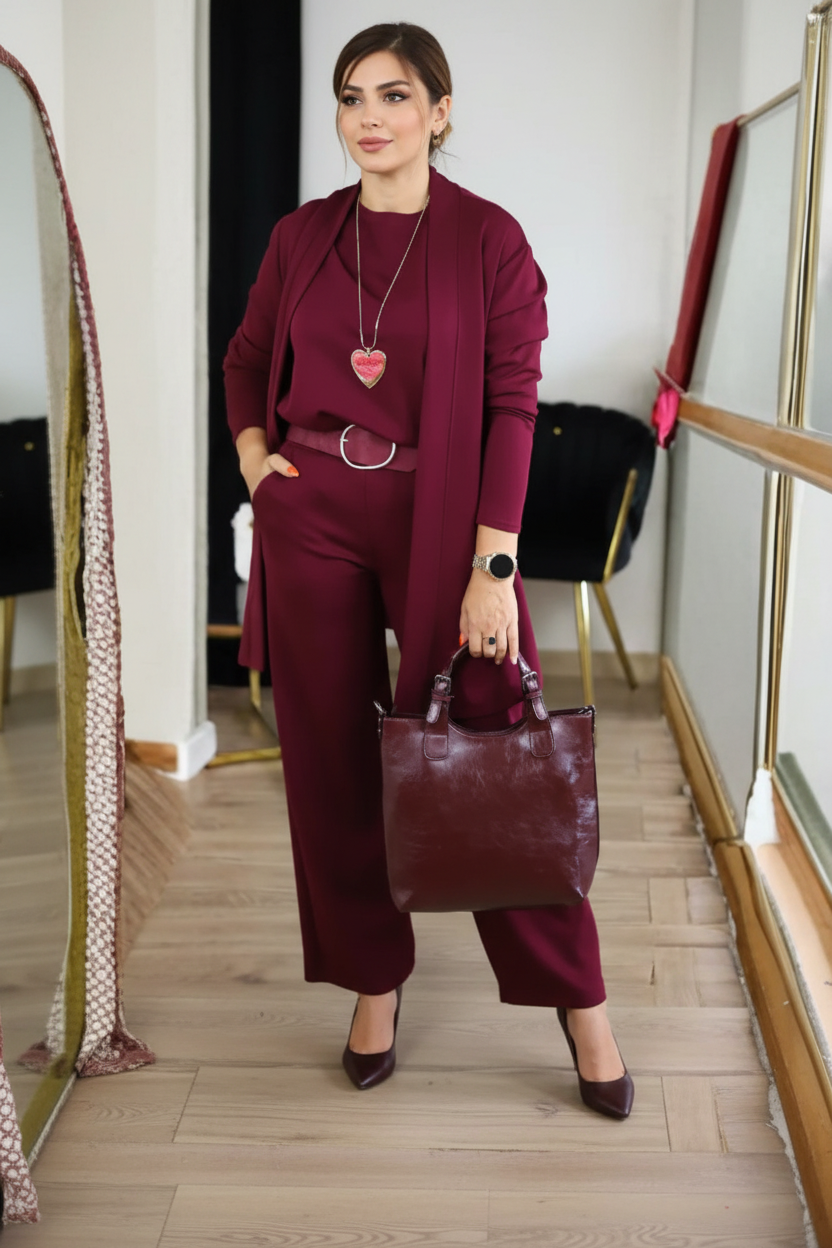 Conjunto de 3 Piezas con Cárdigan Largo